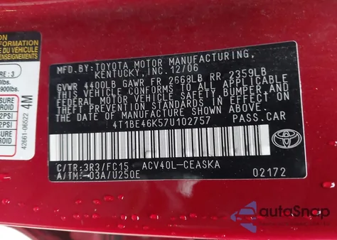 2007 Toyota Camry Se из США, поврежденный, VIN 4T1BE46K57U102757